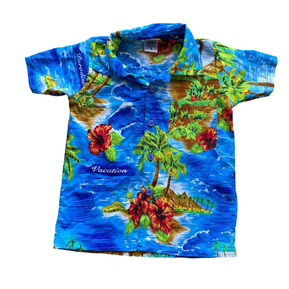 Rima Beachworld Kids Small Blue Tropical Caribbean Vacation Hibiscus Shirt